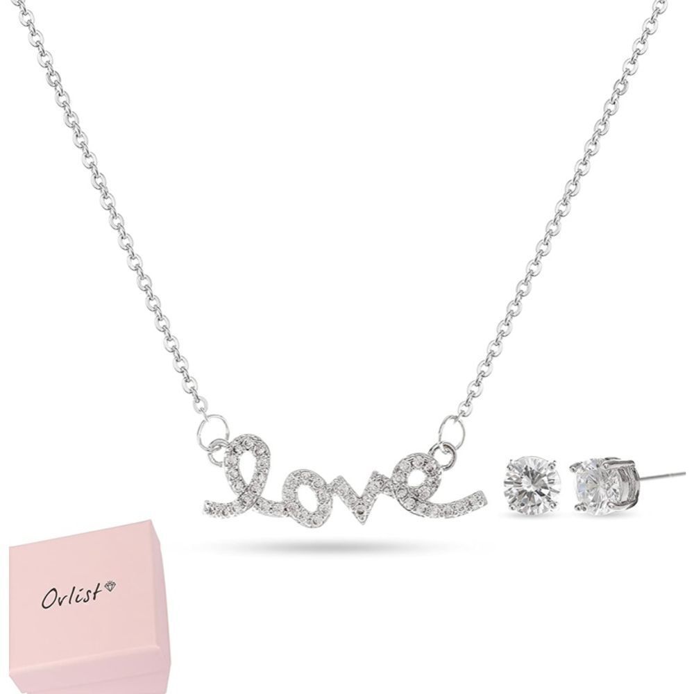 NEW in gift box Necklace and earrings set, cursive Love Necklace, Stud Earrings